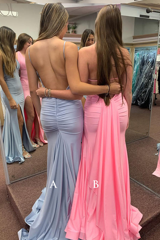 Amara | Charming Mermaid V-Neck Pink Elastic Satin Long Prom Dress with Backless Design