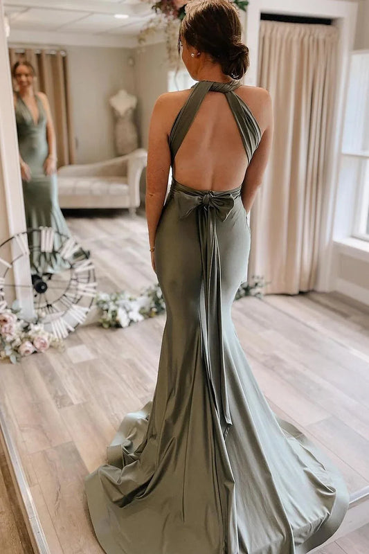 V-Neck Light Green Convertible Satin Mermaid Prom Bridesmaid Dress