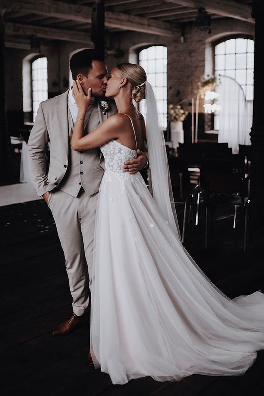 Fairy | A-Line V-Neck Tulle Beach Wedding Dress with Appliques