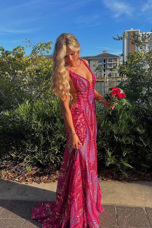 Lila | Charming Mermaid V-Neck Fuchsia Sequins Long Prom Dress