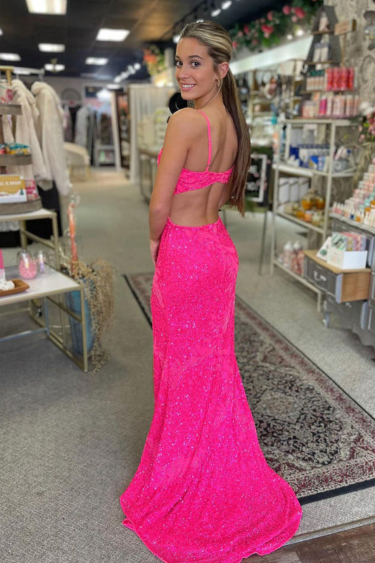 Rosalind | Cute Mermaid Square Neck Pink Sequins Prom Dress with Slit