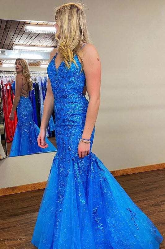 Isabella | Charming Mermaid V-Neck Royal Blue Sequins Long Prom Dress