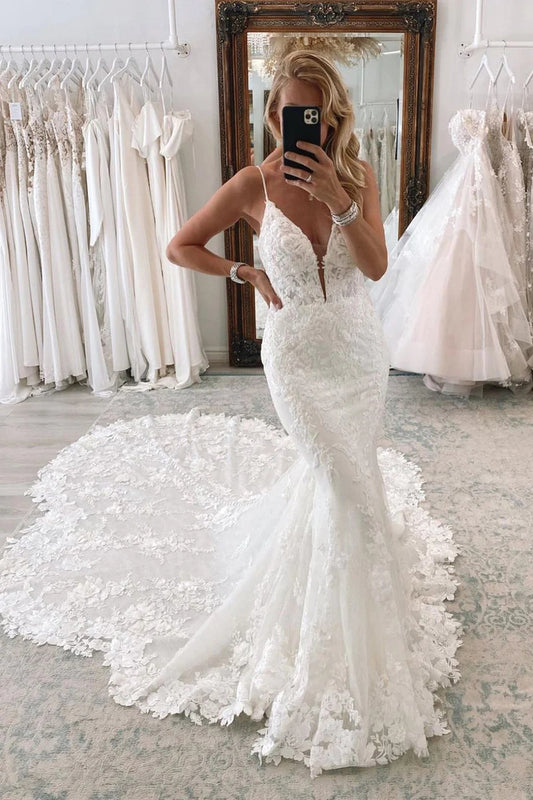 Glamorous Spagherri Straps V-neck  Mermaid Satin Wedding Dress with Lace JB110608