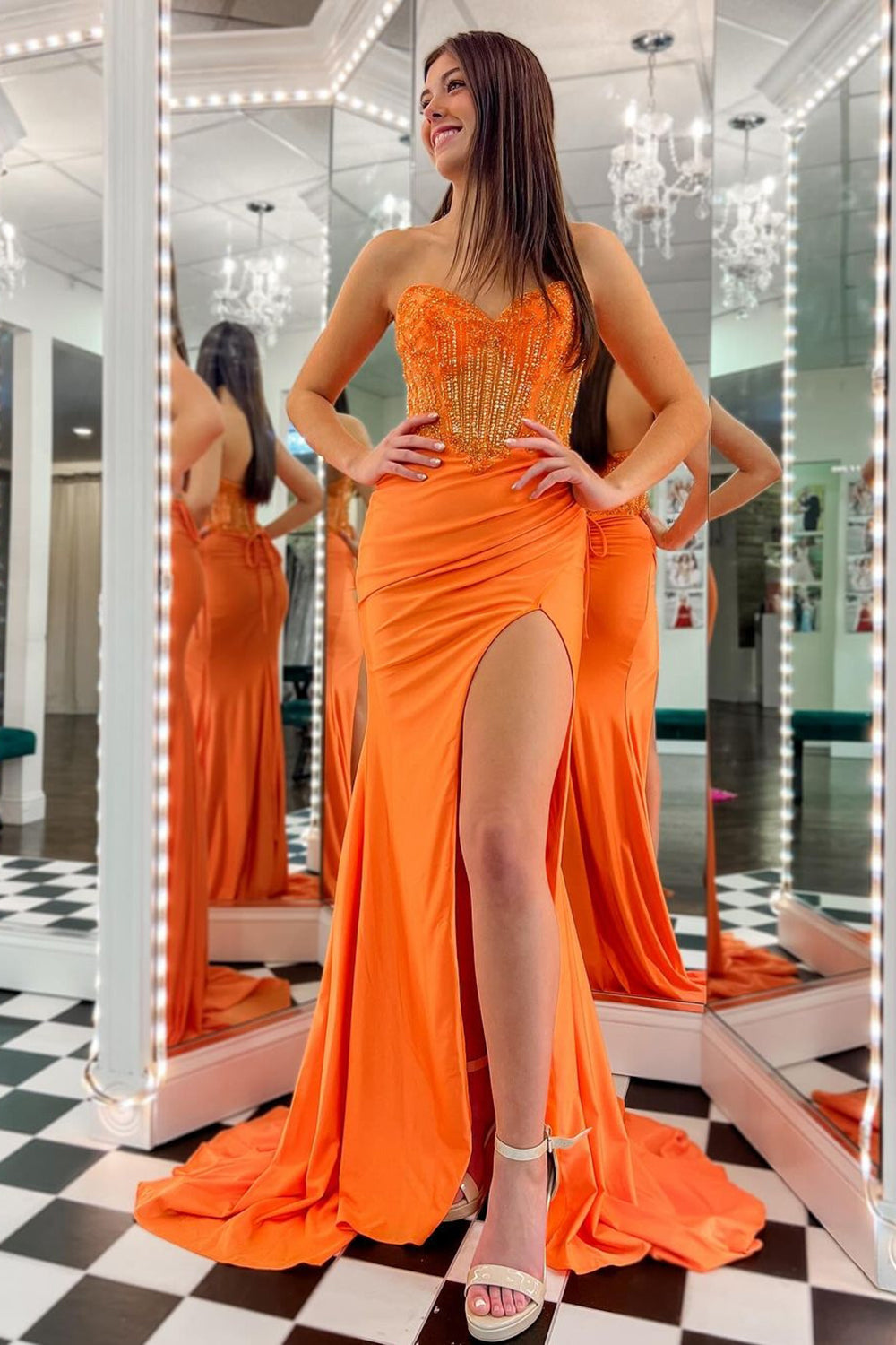 Selena | Charming Mermaid Sweetheart Orange Prom Dress with Slit and Beading