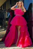 Marie | Fuchsia A-Line High-Low Strapless Ruffled Tulle Prom Dress with Feathers