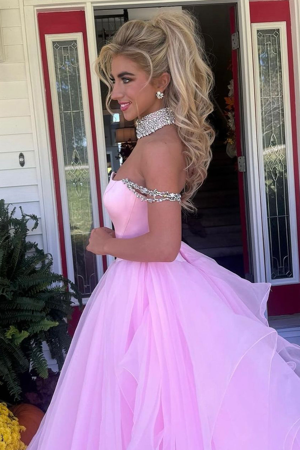 Aurora | Gorgeous Ball Gown Off-the-Shoulder Pink Tulle Prom Dress