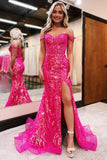 Charming Off-the-Shoulder Black Mermaid Prom Dress with Fuchsia Sequin Appliques