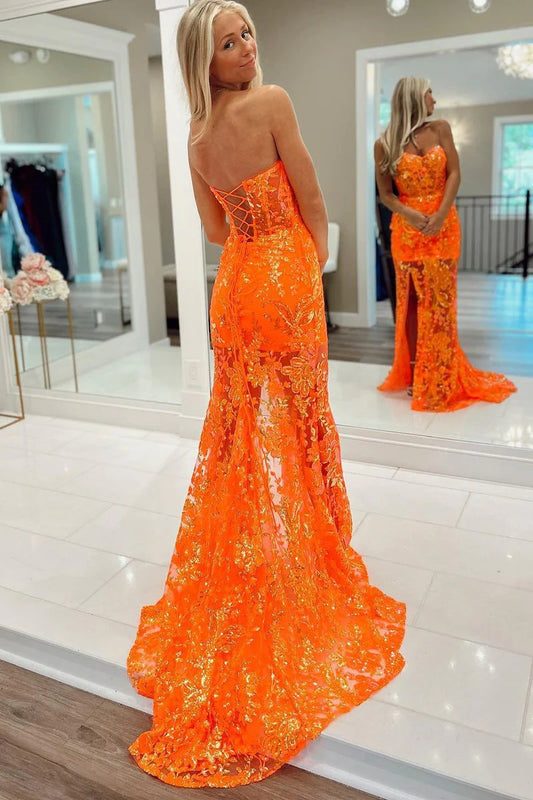 Diana | Glamorous Orange Mermaid Sequins Off-the-Shoulder Neck Prom Dress with Slit JB120311