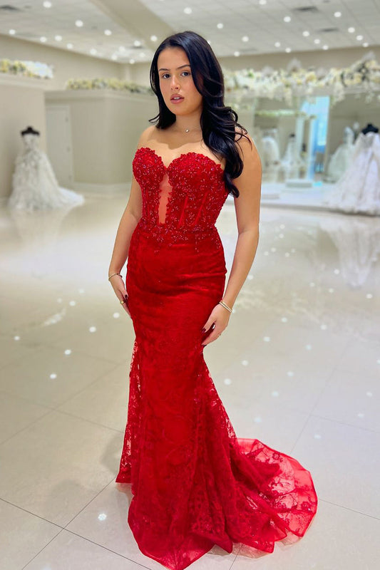 Scarlett | Charming Mermaid Sweetheart Red Lace Long Prom Dress