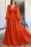 Iyla | Vibrant Orange Chiffon Floor-Length Prom Dress, Long Sleeve Evening Party Dress