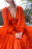 Iyla | Vibrant Orange Chiffon Floor-Length Prom Dress, Long Sleeve Evening Party Dress