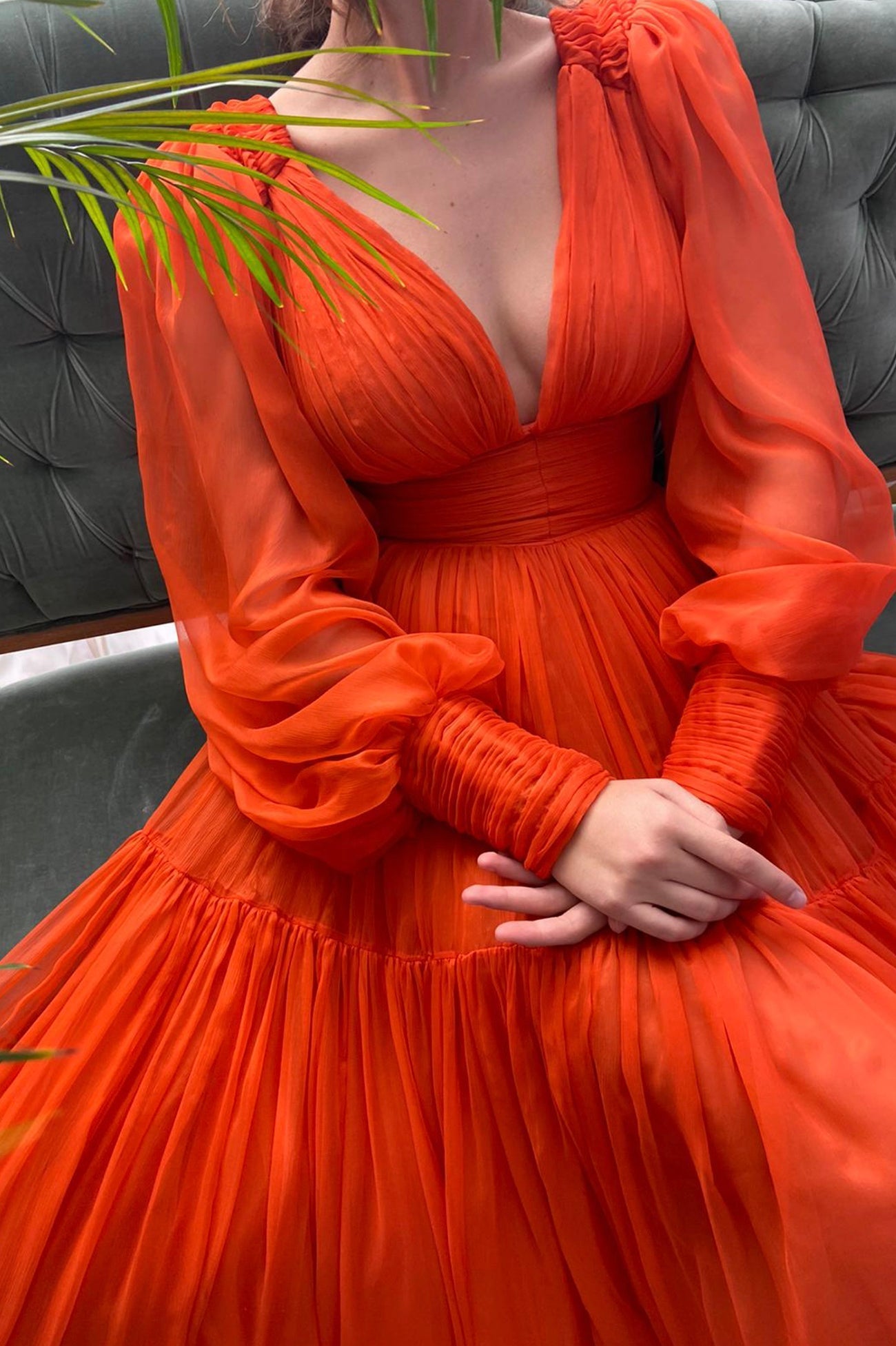 Iyla | Vibrant Orange Chiffon Floor-Length Prom Dress, Long Sleeve Evening Party Dress