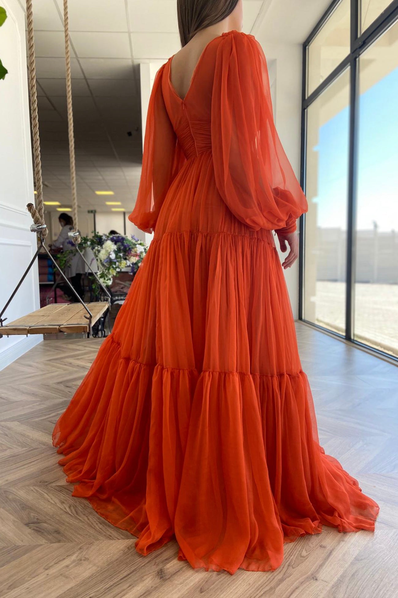 Iyla | Vibrant Orange Chiffon Floor-Length Prom Dress, Long Sleeve Evening Party Dress