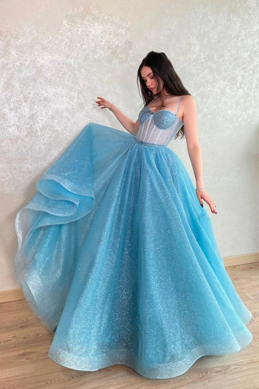 Mavis | Charming Blue Tulle Long A-Line Prom Dress, Lace-Up Evening Dress with Corset