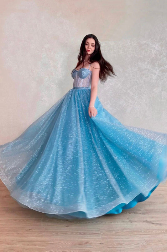 Mavis | Charming Blue Tulle Long A-Line Prom Dress, Lace-Up Evening Dress with Corset