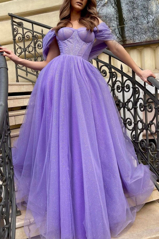 Cheyenne | Enchanting Purple Tulle Long A-Line Prom Dress Off the Shoulder Evening Party Dress