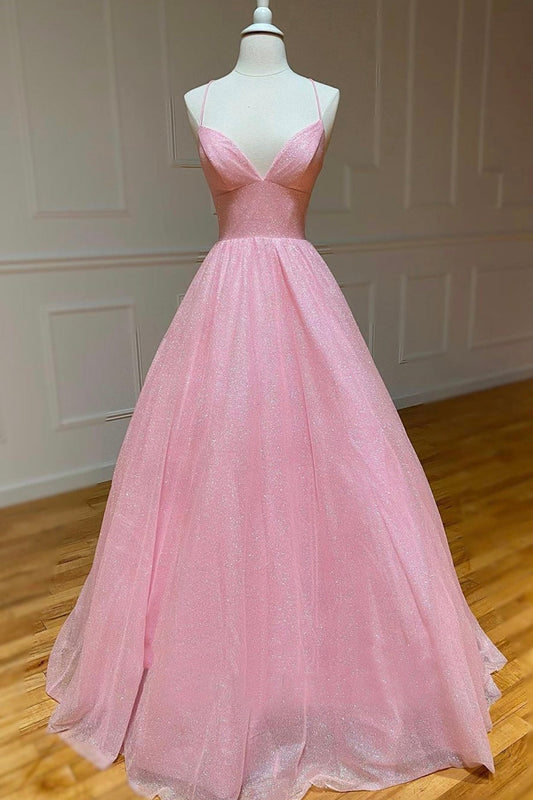 Elodie | Backless Pink Tulle A-Line Long Prom Dress with V-Neck