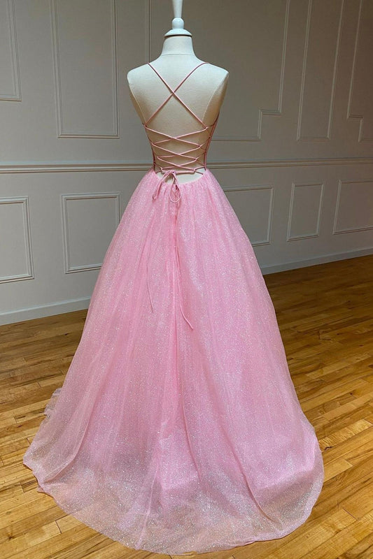 Elodie | Backless Pink Tulle A-Line Long Prom Dress with V-Neck