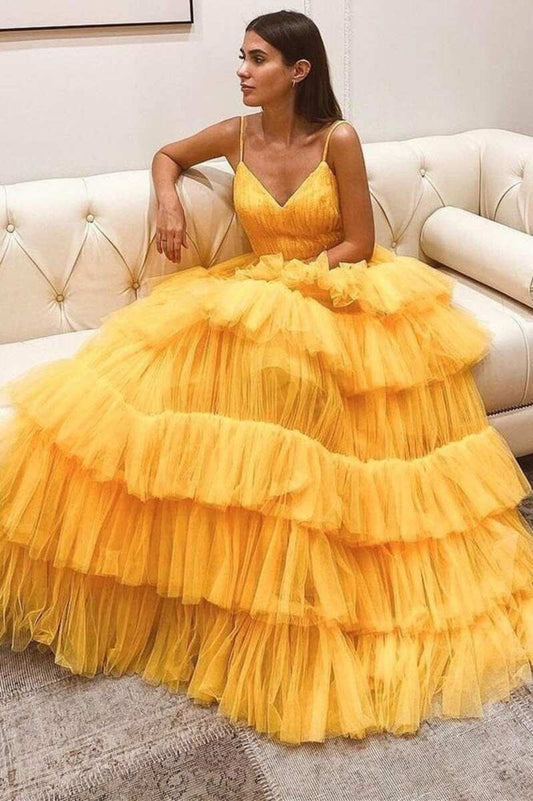 Princess Tiered Yellow Tulle Backless Prom Dress with Straps