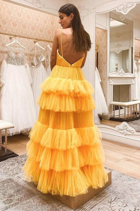 Princess Tiered Yellow Tulle Backless Prom Dress with Straps