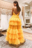 Princess Tiered Yellow Tulle Backless Prom Dress with Straps