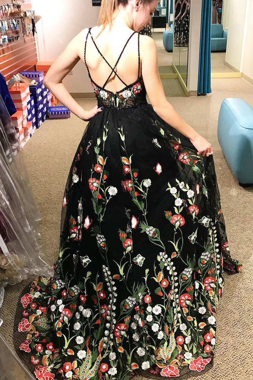 Harlee | Elegant Black A-Line Prom Dress with Floral Embroidery