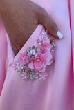 Elegant Straps A-Line Pink Long Prom Dress with Beaded Pockets