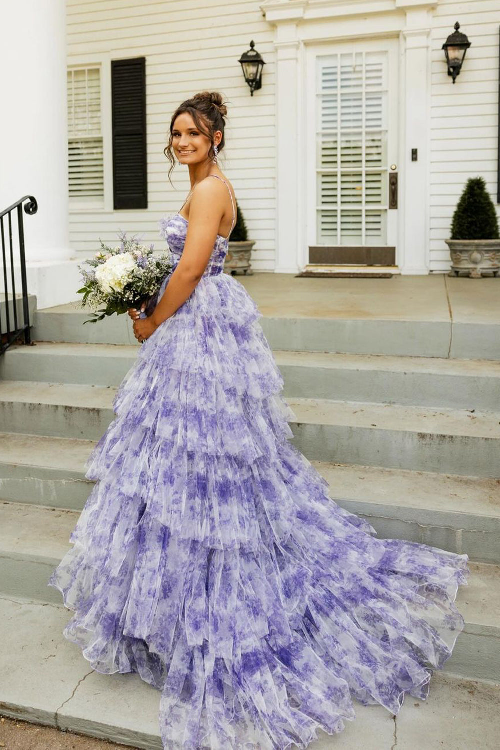 Cute Ball Gown Sweetheart Lavender Floral Printed Tulle Long Prom Dresses