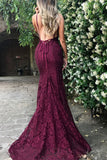 Sexy Mermaid V-Neck Burgundy Lace Prom Dress