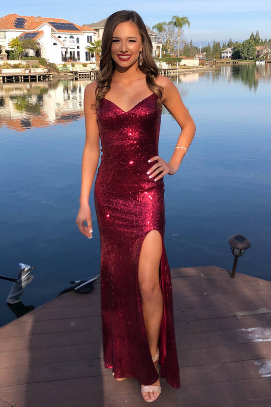 Glittery V-Neck Burgundy Mermaid Long Prom Dress