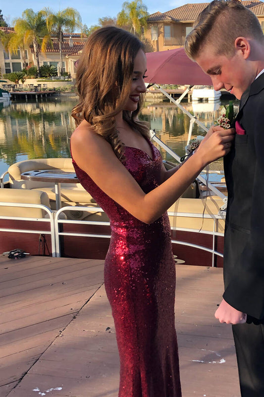 Glittery V-Neck Burgundy Mermaid Long Prom Dress