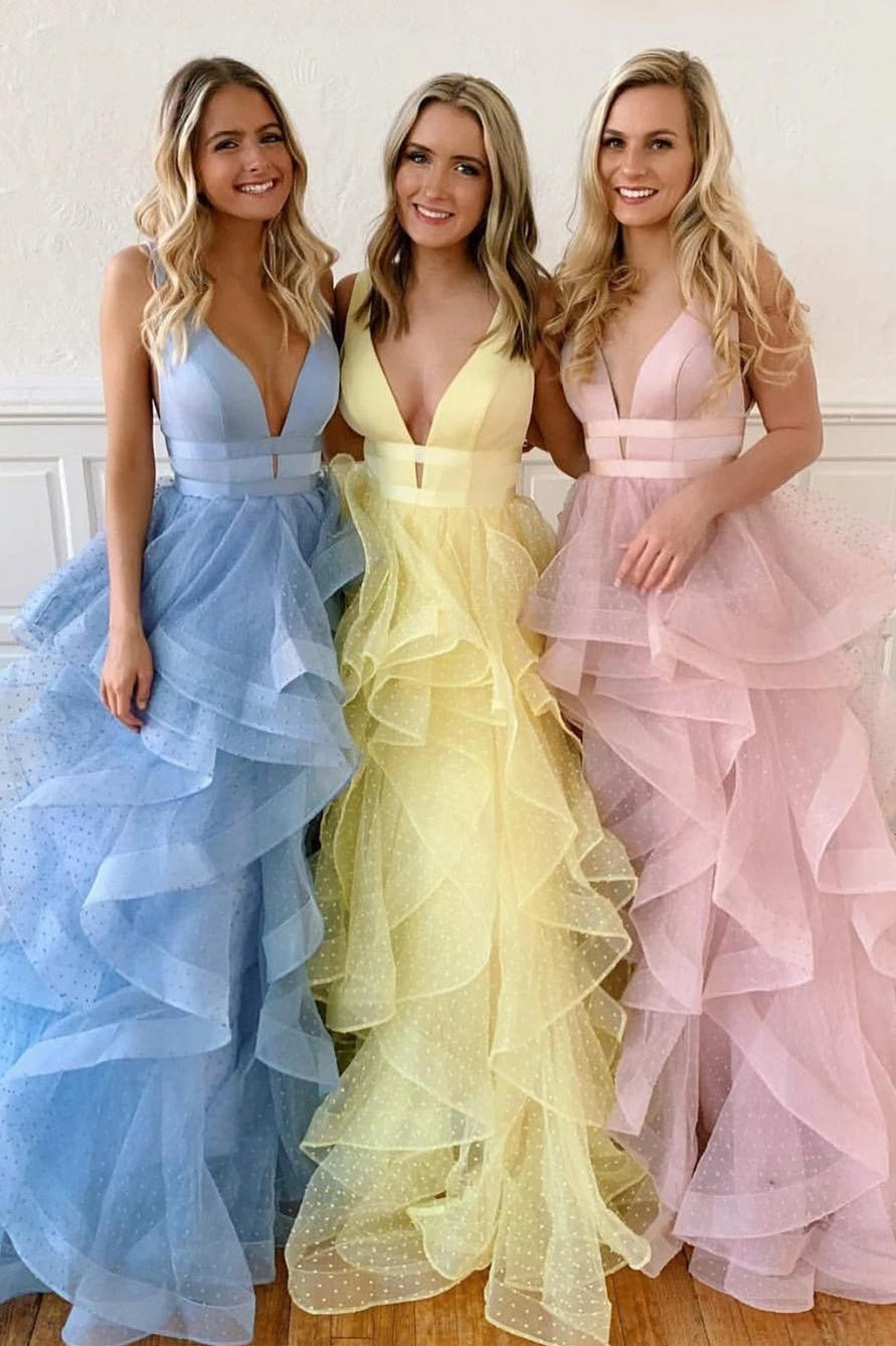 Teagan | A-Line V-Neck Cascading Ruffles Long Prom Dress