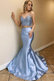 Spaghetti-Straps Neck Two Piece Mermaid Long Dusty Blue Prom Dress