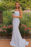 Glittering Spaghetti Strap Lace-Up Mermaid White Long Prom Dress