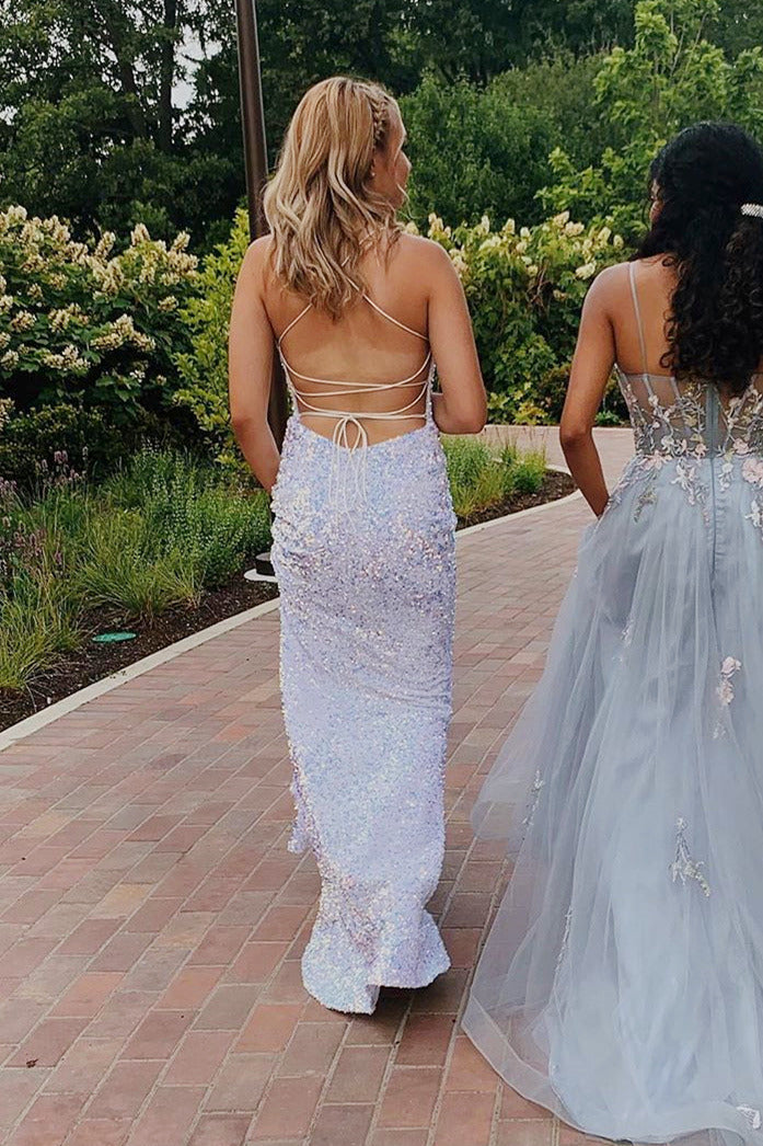 Glittering Spaghetti Strap Lace-Up Mermaid White Long Prom Dress