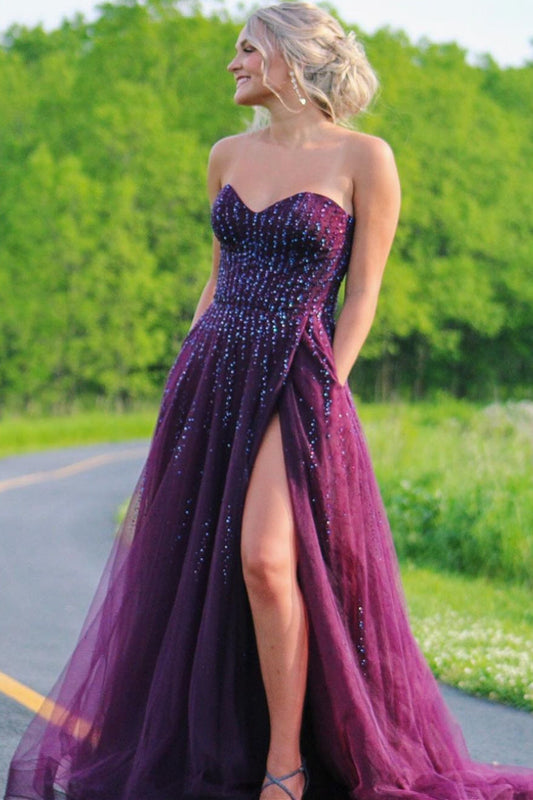 Alyssa | Sweetheart A-Line Plum Tulle Prom Dress with Slit