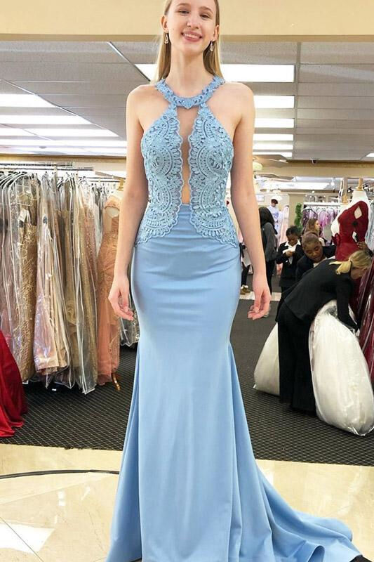 Halter Neck Open Back Mermaid Sky Blue Long Prom Dress