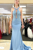 Halter Neck Open Back Mermaid Sky Blue Long Prom Dress