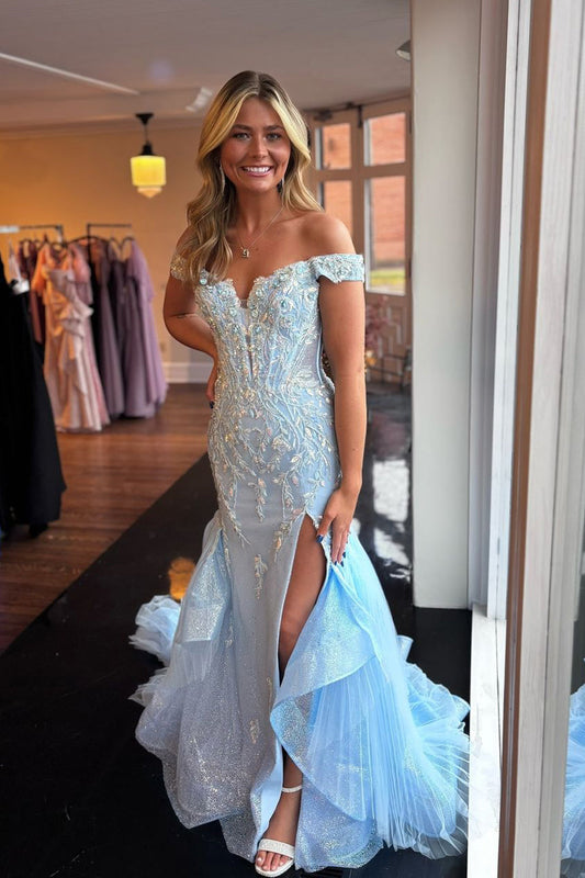 Elegance | Gorgeous Mermaid Off-the-Shoulder Light Blue Satin Prom Dress with Sequin Appliques