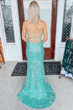 Light Jade Sequin Lace-Up Back Mermaid Long Prom Dress