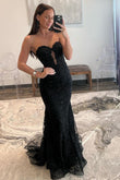 Cute Mermaid Black Sweetheart Lace Appliques Long Prom Dresses