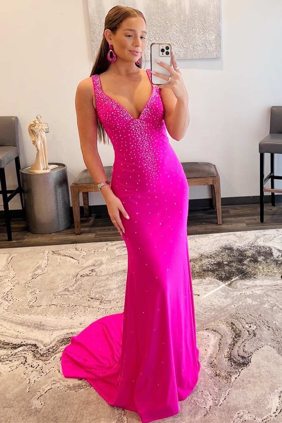 Elle | Beaded Satin Mermaid Prom Dress with V-Neck and Cross Back