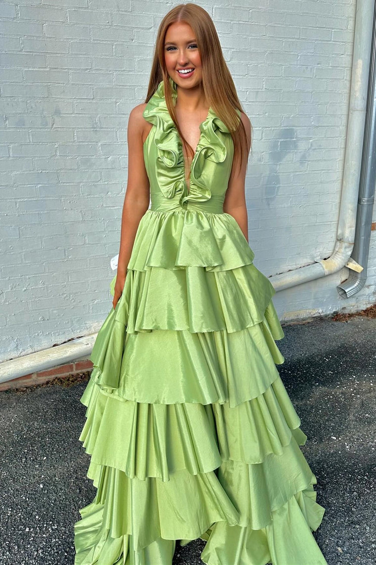 Flora | Radiant Halter Red Ruffle Tiered A-Line Prom Dress