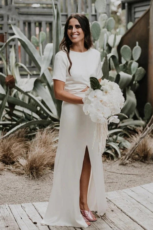 Sheath Wedding Dress with Slit for Engaged Brides