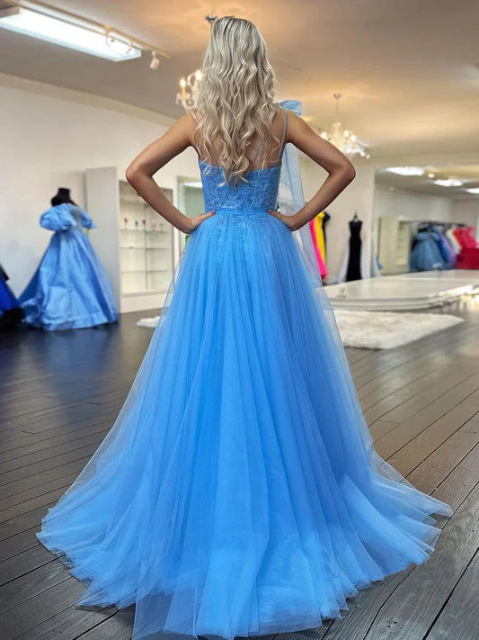 Ximena | A-Line One-Shoulder Blue Tulle Prom Dress with Appliques