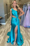 Shannon | One-Shoulder Satin Mermaid Prom Dress with High Slit