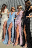 Ivory Sequin V-Neck Mermaid Long Prom Dress with Feathers