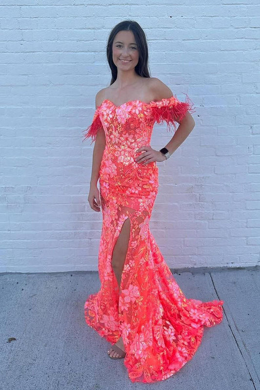 Aurelia | Cute Mermaid Coral Lace Sequins Long Prom Dress with Slit