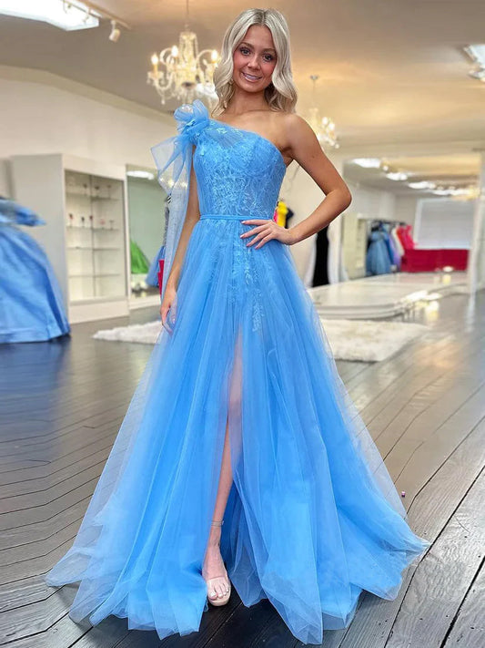 Ximena | A-Line One-Shoulder Blue Tulle Prom Dress with Appliques