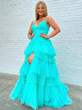 Amanda | Tiered Tulle A-Line Prom Dress with Spaghetti Straps and Slit